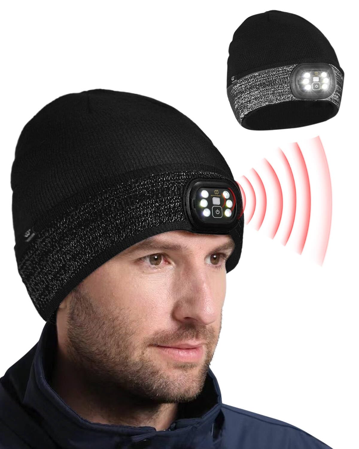 BERGWEISER LED Beanie with Light 4 Adjustable Modes Motion Sensor Lights Indoor Outdoor with Removable Rechargeable USB for Men Women (Black Reflex)