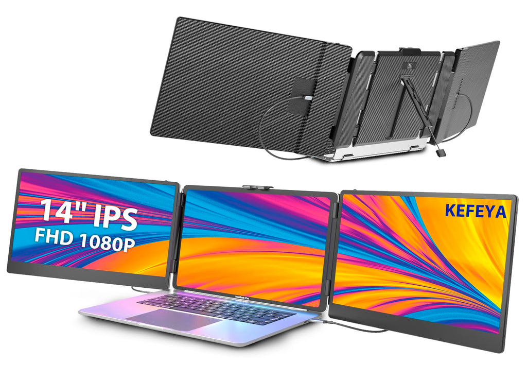 KEFEYA Laptop Screen Extender 14" Portable Monitor for Laptop 1080P FHD Triple Screen Laptop Monitor Extender for 13"-17" Laptop HDMI/USB-C for MacBook Windows Chrome Switch PS5 Plug & Play