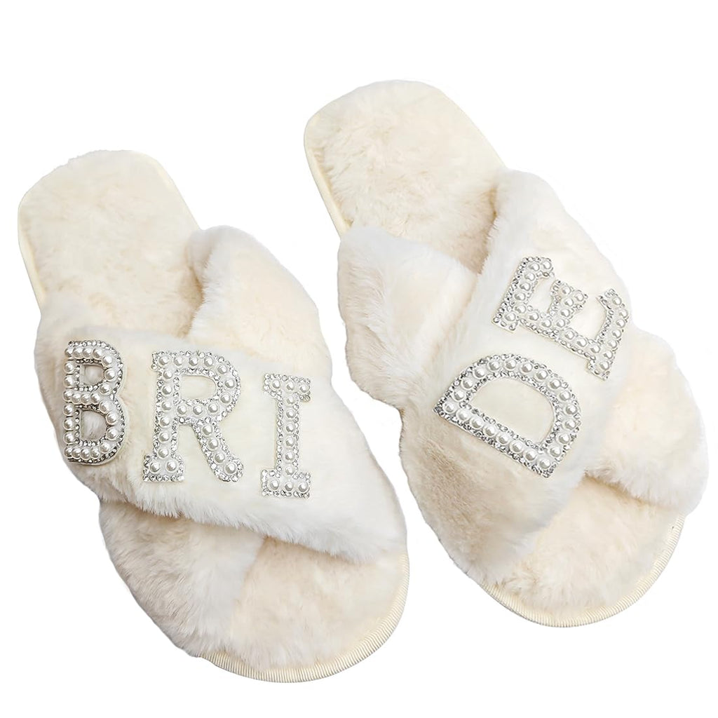 VOPHIA Fuzzy Bride Slippers Bride Gifts for Bridal Shower Cross Band Slippers Soft Wedding Slippers (Small)