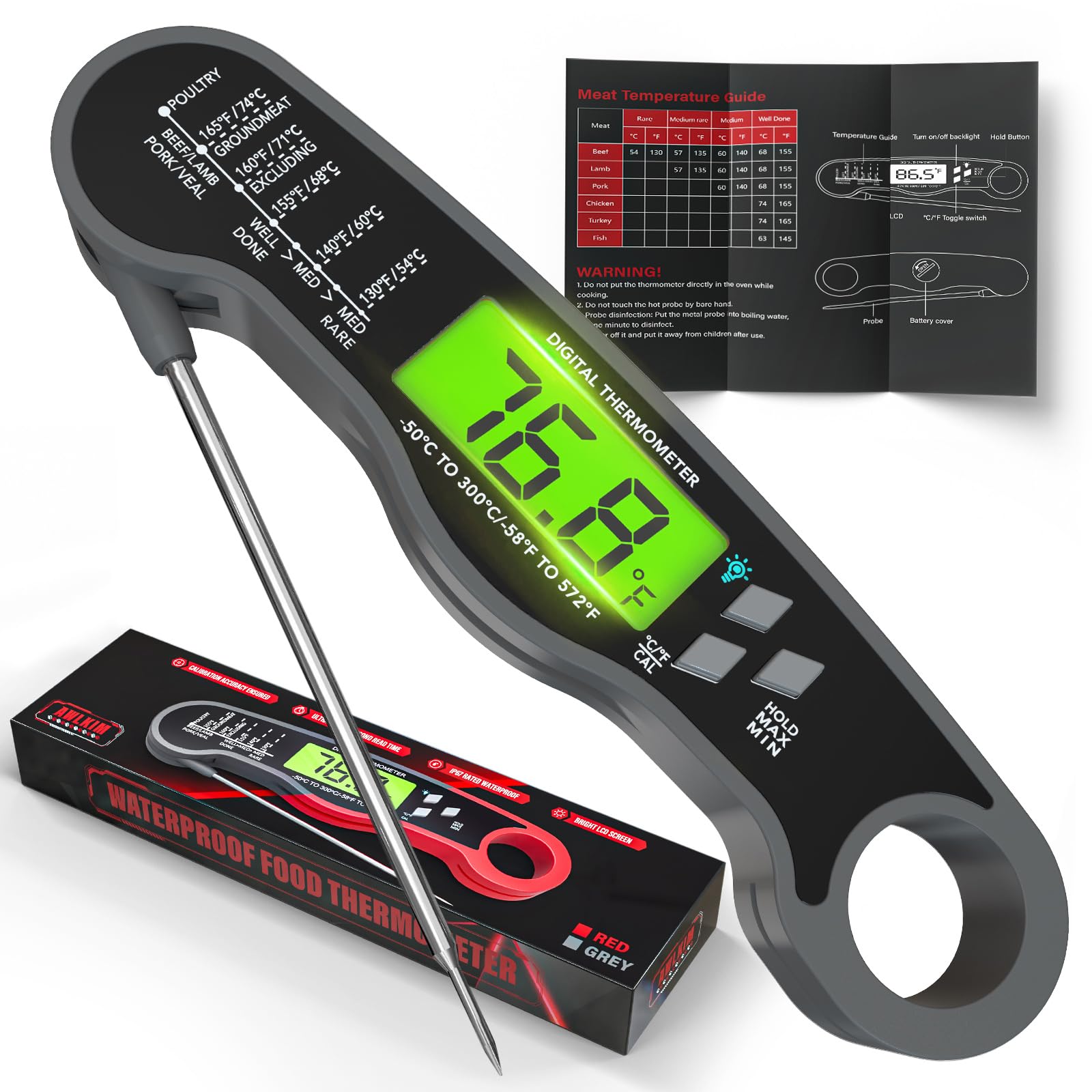Meat Thermometer Digital - Fast Instant Read Food Thermometer for Cooking Candy Making Outside Grill Waterproof Kitchen Thermometer with Backlight Stocking Stuffers for Adult Men - Grey